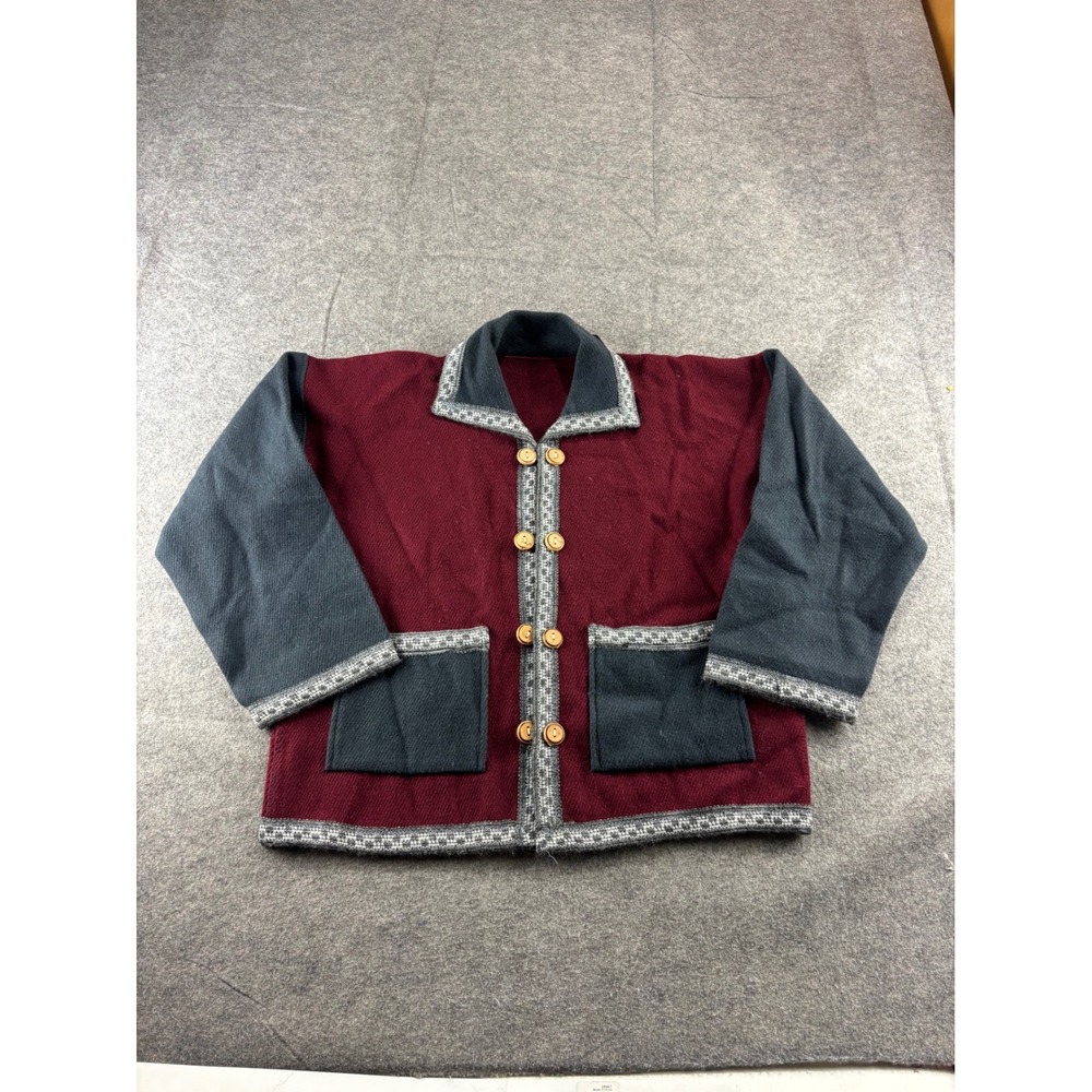 VTG Burgundy Grey Wool Blend Button Front Cardigan Sweater M? Granola Folk SEE
